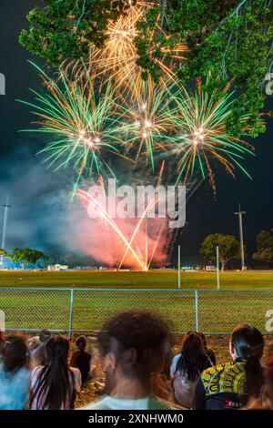 Zuschauer beobachten Feuerwerk bei der Royal Darwin Show 2024 Stockfoto