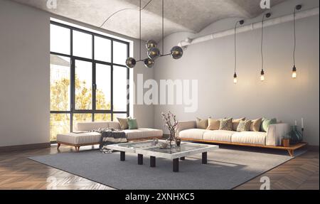 Das Bild zeigt ein modernes Wohnzimmer mit minimalistischer Einrichtung, geräumigem Layout, großen Fenstern und viel Tageslicht. 3D-Rendering Stockfoto