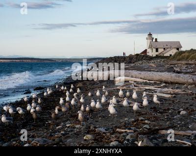 Malerischer Blick auf das historische Point Wilson Lighthouse in Fort Worden am Abend - Port Townsend, WA, USA Stockfoto