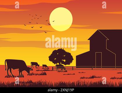 Silhouette Design des Bauernhofs während Kühe essen das Gras bei Sonnenuntergang Zeit, Vektorillustration Stock Vektor
