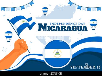 Nicaragua Unabhängigkeitstag Vektor-Illustration am 15. September mit wehender Flagge und Band in einem National Holiday Flat Style Cartoon Hintergrund Stock Vektor