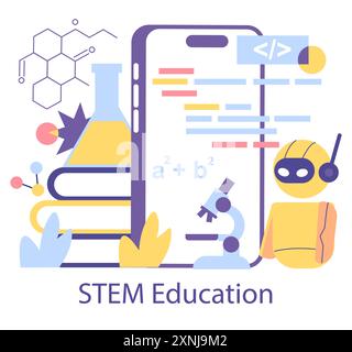 MINT-Bildungskonzept. Interaktive mobile Lerntools mit Symbolen aus Wissenschaft, Technologie, Technik und Mathematik. Digitales Lernen, moderne Bildung. Vektorabbildung. Stock Vektor