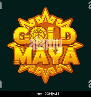 Symbol für das Casino-Spiel Maya. Logo – Maya Gold, strukturierter und volumetrischer Text für deine Spiele. Aztekische Solarscheibe, die die Maya-Sonne repräsentiert Stock Vektor