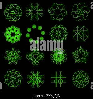 Brutalistischer Aufkleber mit ungewöhnlichen Limetten- und hellgrünen Formen auf schwarzem Hintergrund. Einzigartige geometrische Designs, abstrakte moderne Kunst Stock Vektor