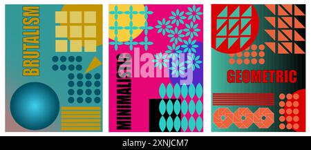 Brutalistisches Posterdesign mit einfachen geometrischen Formen - Quadrate, Dreiecke, Kreise in knalligem Pink, Grün, Gelb und Rot - abstrakte moderne Kunst, vibra Stock Vektor