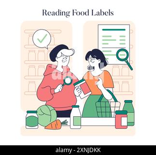 Low Histamine Diät Konzept. Personen, die Lebensmitteletiketten sorgfältig untersuchen, um ein bestimmtes Ernährungsschema aufrechtzuerhalten. Vektorabbildung. Stock Vektor