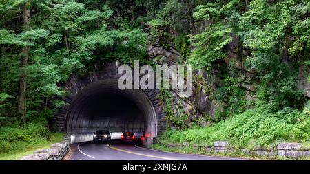 Great Smoky Mountains National Park, Tennessee, USA-21. Juli 2024: Bergtunnel auf der neu entdeckten Gap Road im Nationalpark. Stockfoto