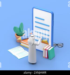 Medienbuchbibliothek Concept.3D-Illustration des lächelnden arabischen Mannes Hadi für Webbanner, Infografiken, Heldenbilder. Flache isometrische 3D-Abbildung isol Stockfoto