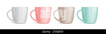 Set aus Keramikbechern für Getränke und Kaffee zum Frühstück. Mockup, Vorlage für Werbung. Weiße, rosa, braune und grüne Farben. Isoliert auf weißer Rückseite Stock Vektor