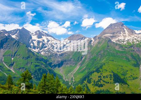 Schneebedeckte Gipfel und üppige Täler in den österreichischen Alpen Stockfoto