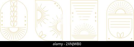 Goldenes Sonnenboho-Rahmenset. Minimalistische Symbole mit Sonnenstrahlen für Astrologie, Astronomie und Zodiac, Clip-Art. Einfache Strichkunst, Wandkunst, Vektor Stock Vektor