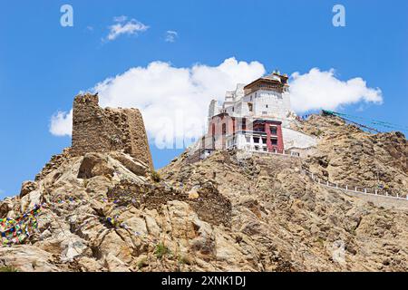 Blick auf den Temo Maitreya Tempel, 1430 von Ladakh König Tashi Namgyal, Leh, Ladakh, Indien gegründet. Stockfoto