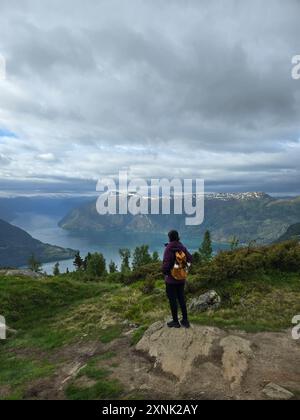 Ein einsamer Wanderer steht auf einem Felsvorsprung und blickt auf den atemberaubenden Fjord darunter, umgeben von üppigem Grün und weit entfernten schneebedeckten Bergen. LustraFjord von Molden Wanderung, Stockfoto