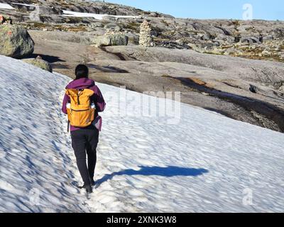 Ein einsamer Wanderer durchquert die eisigen Schneefelder Norwegens, umgeben von felsigen Landschaften und klarem Himmel. Lysefjord Kjeragbolten Norwegen Stockfoto