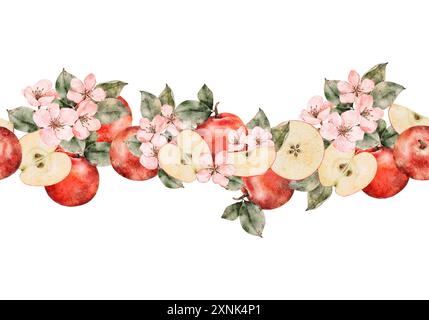 Nahtloser Rand aus frischen roten Äpfeln mit Blättern und Blüten. Essensstruktur. Rote, saftige Äpfel im Ganzen. Aquarell Illustration Obst für Saft Stockfoto