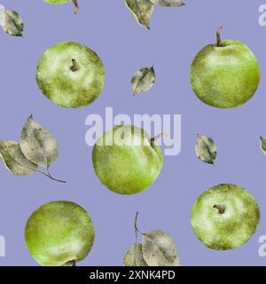 Nahtloses Muster frischer grüner Äpfel mit Blättern. Essensstruktur. Rote, saftige Äpfel im Ganzen. Aquarellillustration Obst für Saftpackung Stockfoto