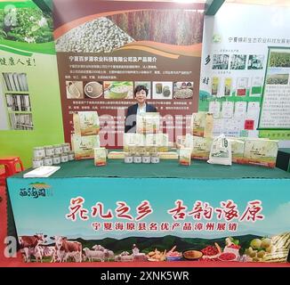 Yinchuan. August 2024. Diese Datei, die im November 2023 aufgenommen wurde, zeigt Jia Meimei, die Produkte ihrer Farm auf einer Messe im Zhangpu County, Zhangzhou, südöstliche chinesische Provinz Fujian, fördert. UM MIT 'Across China: Garantierte Kredite stärken ländliche Unternehmerinnen im Nordwesten Chinas' Credit: Xinhua/Alamy Live News Stockfoto