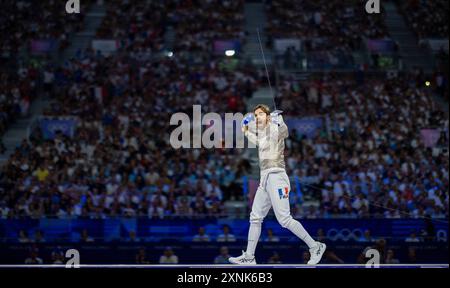 Paris, Frankreich. 31. Juli 2024. Jean-Philippe Patrice (FRA) Paris Olympische Spiele 2024 Fechten - Männer Sabre Team Bronze Medal Match Islamische Republik Iran gegen Frankreich Olympische Spiele 31.07.2024 Credit: Moritz Muller/Alamy Live News Stockfoto