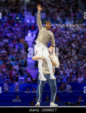 Paris, Frankreich. 31. Juli 2024. Jean-Philippe Patrice (FRA) Paris Olympische Spiele 2024 Fechten - Männer Sabre Team Bronze Medal Match Islamische Republik Iran gegen Frankreich Olympische Spiele 31.07.2024 Credit: Moritz Muller/Alamy Live News Stockfoto