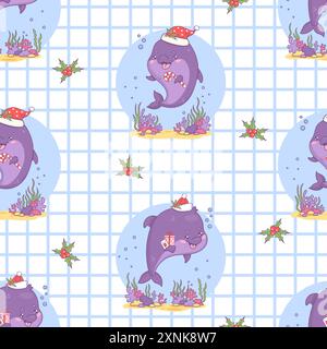 Nahtloses Muster mit niedlichen Weihnachtsdelfinen im Weihnachtsmann-Hut mit Geschenk und gestreiftem Zuckerrohr auf weißem kariertem Hintergrund mit stechpalme. Vektor Stock Vektor