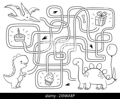 Helfen Sie den Dinosauriern, einen Weg für Leckereien zu finden. Labyrinth. Labyrinth-Spiel für Kinder. Stock Vektor
