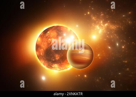 Planet außerhalb unseres Sonnensystems. Exoplanet und exoplanetares System. Der ultraheiße Gasgigant umkreist seinen Stern. 3D-Abbildung Stockfoto