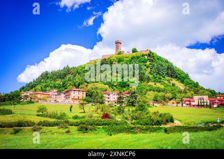 Radicofani, Italien. Begeben Sie sich in die Provinz Siena mit einer atemberaubenden mittelalterlichen Festung mit einem atemberaubenden Blick auf die Landschaft, die Toskana. Stockfoto