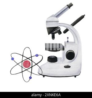 Aquarellmikroskop und Chemiesymbol. Hand gezeichnete Illustration isoliert auf weißem Hintergrund für Design, Logos, Karten, Geschäft, medizinische Artikel, Stockfoto
