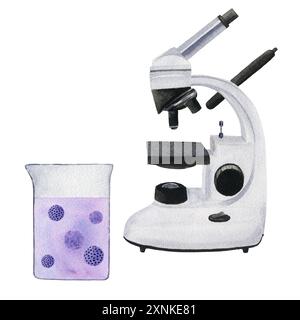 Aquarellmikroskop und Flasche mit Flüssigkeit und Viren. Handgezeichnete Illustration isoliert auf weißem Hintergrund für Design, Logos, Karten, Geschäft, Medi Stockfoto