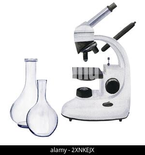 Aquarellmikroskop und zwei Kolben. Hand gezeichnete Illustration isoliert auf weißem Hintergrund für Design, Logos, Karten, Geschäft, medizinische Artikel, Textb Stockfoto