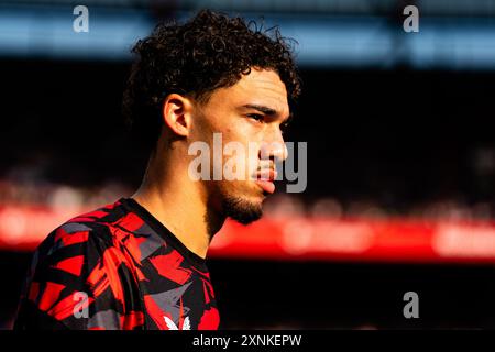 Rotterdam, Niederlande. 31. Juli 2024. Rotterdam - Jayden Candelaria von Feyenoord während des fith-Freundschaftsspiels zur Vorbereitung der Eredivisie-Saison 2024/2025. Das Eröffnungsspiel der Saison findet zwischen Feyenoord und AS Monaco FC im Stadion Feijenoord de Kuip am 31. Juli 2024 in Rotterdam, Niederlande, statt. Credit: Box to Box Pictures/Alamy Live News Stockfoto