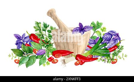 Holzmörtel und Stößel für Gewürze und aromatische Kräuter. Aquarellkomposition mit Basilikum, Rosmarin, Petersilie, Dill, Zwiebeln, Knoblauch, Koriander, Chili, PA Stockfoto