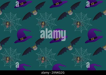 Nahtloses Halloween-Muster mit Fledermäusen, Hexenhüten, Spinnen und Netzen. Perfekt für gruselige Designs, Hintergründe und Dekorationen. Stock Vektor