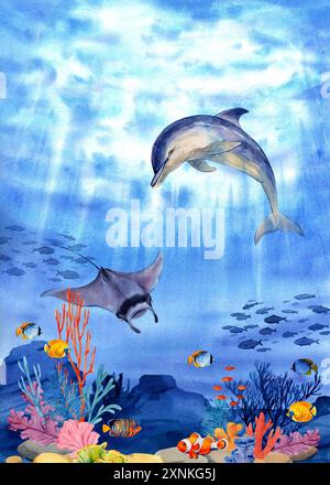 Unterwasserlandschaft mit Korallenriff, Delfinen, Rochen, Fischen und Muscheln. Meereslandschaft, Illustration. Szene im Ozeanwasser. Meeresboden in den Tropen. Stockfoto