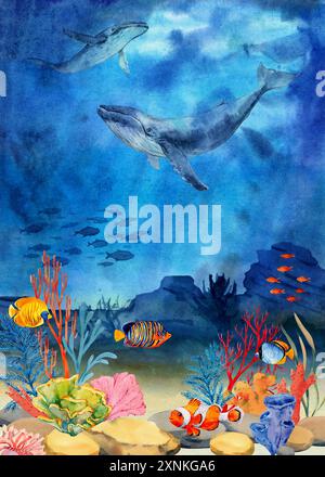 Unterwasserlandschaft mit Korallenriff, Mana-Rochen, Fischen und Muscheln. Meereslandschaft, Illustration. Meerwasserszene mit zwei Buckelwalen. Der untere Teil des Th Stockfoto