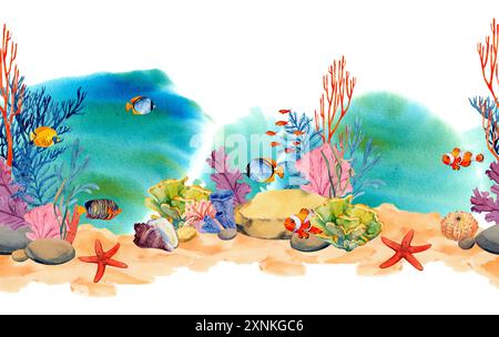 Heller, nahtloser Rand in Aquarellen. Korallenriffe mit tropischen Fischen, Steinen und Algen. Unterwasserlandschaft. Muster zur Dekoration von Souvenirs, Post Stockfoto