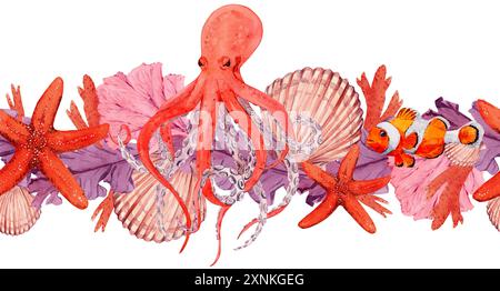 Orangenkrake, wellenförmige Algen mit Seesternen, Muscheln, Korallen und Fischen. Aquarellabbildung, handgezeichnet in orange und rot. Nahtlose Bor Stockfoto