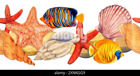 Nahtloses Muster mit Unterwasserbewohnern. Tropische Fische, Seesterne, Muscheln in Orange und Rot, isoliert auf Hintergrund. Nahtloses Klopfen Stockfoto