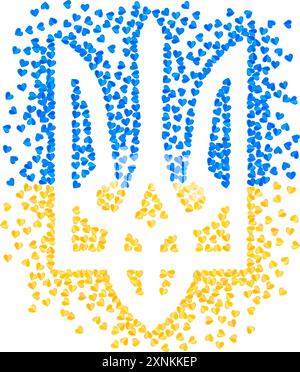 Ukrainisches Nationalemblem Trident Tryzub Form Illustration für ukrainische Unabhängigkeitstag Grußkarte mit vielen verstreuten Herzen in ukrainischer Flagge Stock Vektor