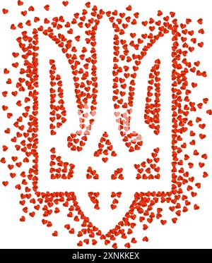Ukrainisches Nationalemblem Trident Tryzub Form Illustration für ukrainische Unabhängigkeitstag Grußkarte mit vielen verstreuten roten Herzen auf Transparent Stock Vektor