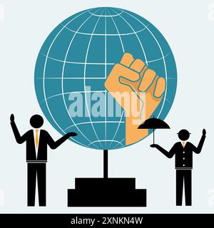 Gleichheitssymbol auf einem Globus Hintergrund mit zwei dunklen Silhouetten von Menschen. Vektorabbildung Stock Vektor