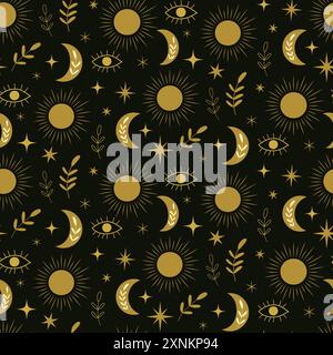 Goldenes Boho Sonne und Mond nahtloses Muster mit Blättern, Augen und Sternen auf schwarzem Hintergrund. Für Wohnkultur, Textilien und Tapeten Stock Vektor