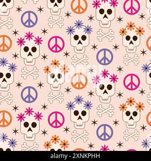 Halloween Skull mit groovigen Blumen, Frieden und Liebe Zeichen und Knochen nahtlose Muster auf weißem Hintergrund. Für Halloween-Dekorationen, Tag der Toten, Stock Vektor