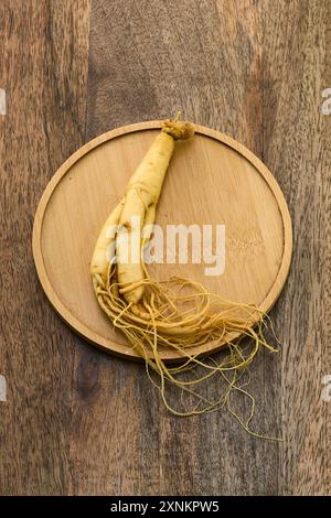 Ginseng-Wurzel auf Holzplatte Stockfoto