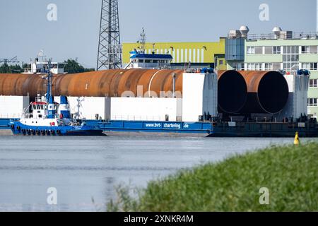 31. Juli 2024, Mecklenburg-Vorpommern, Stralsund: Der Schwerlastponton „BHV Innovation“ wird mit runden Stahlpfählen beladen. Die Monopiles für Windturbinen sollen in der Volkswerft Korrosionsschutz erhalten. Monopiles werden beim Bau von Offshore-Windturbinen eingesetzt. Foto: Stefan sauer/dpa/ZB Stockfoto