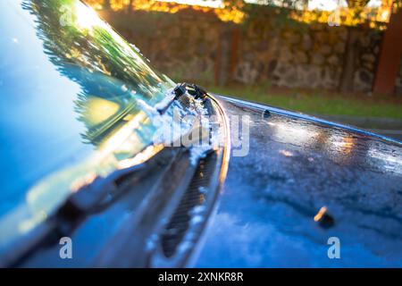 Ein Foto, das das geschmolzene Eis auf der Oberfläche eines SUV-Autos am frühen Morgen aufnimmt und das Frostmuster und den Auftaueffekt zeigt. Stockfoto