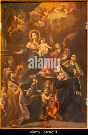 ASSISI, ITALIEN - 17. MAI 2024: Gemälde der Madonna mit den Heiligen in der Kathedrale San Rufino von unbekannten Künstlern (1745). Stockfoto