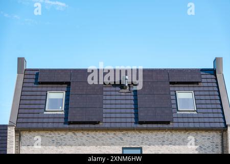 Auf einem modernen Dach installierte Solarpaneele, die Sonnenlicht in erneuerbare Energien umwandeln, Nachhaltigkeit in den Niederlanden verbessern, Zonnepanelen, Zonne Energie, Übersetzung: Solarpaneel, Sun Energy Stockfoto