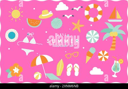 MobileIllustration Set von Sommerartikeln Meer Sommer Urlaub Strand einfache nette tropische Resort Reise Urlaub Stock Vektor