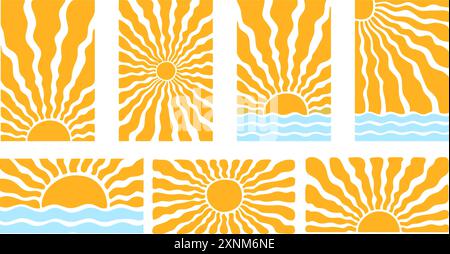 Groovige, abstrakte Sonnenhintergründe im Retro-Look. Stock Vektor